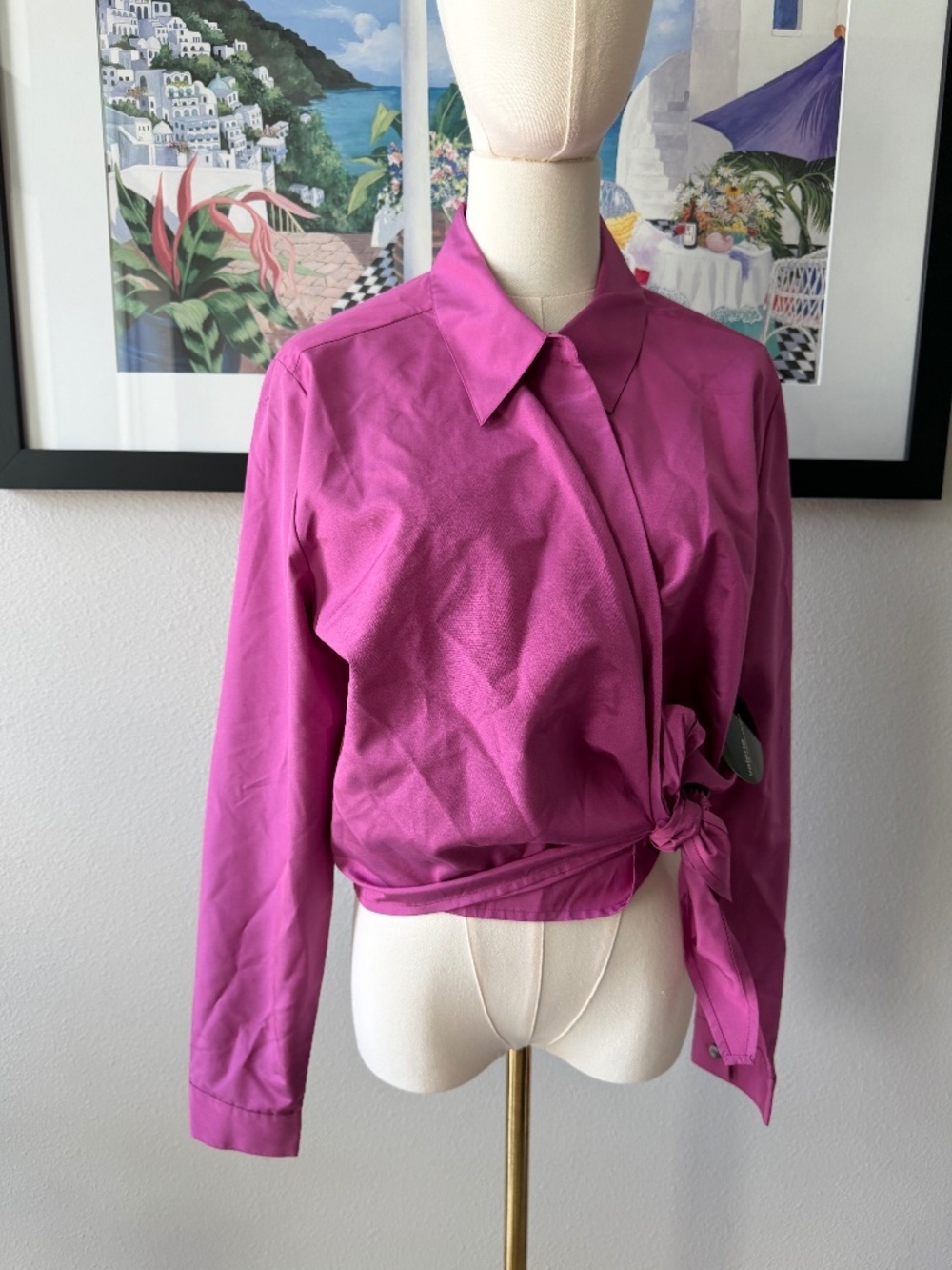 Vintage Deadstock Valerie Stevens 100% Silk Raspberry Magenta Wrap Top Sz Large